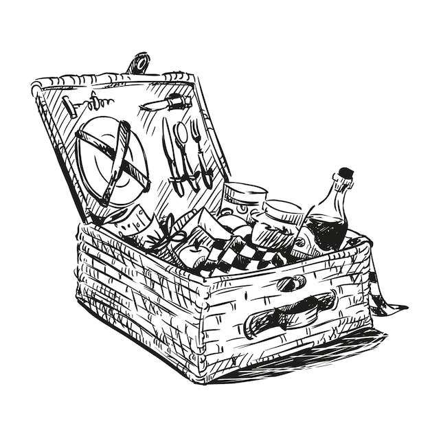 Picnic basket with snack. Hand drawn.