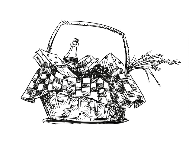 Picnic basket with snack. Hand drawn.