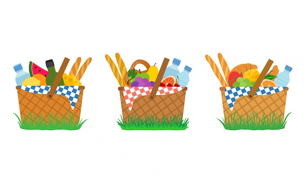 Picnic baskets on grass.  illustration