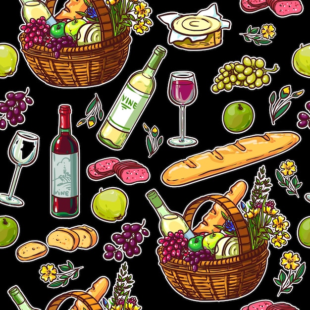 Picnic baskets vector seamless color set