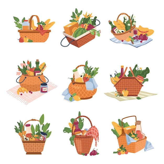 Picnic baskets with food and drinks isolated icons