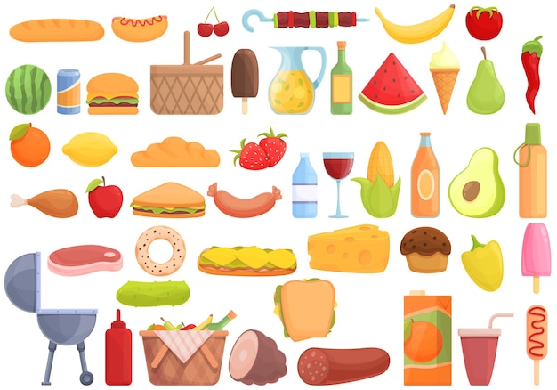 Picnic food icons set cartoon vector. Basket plates