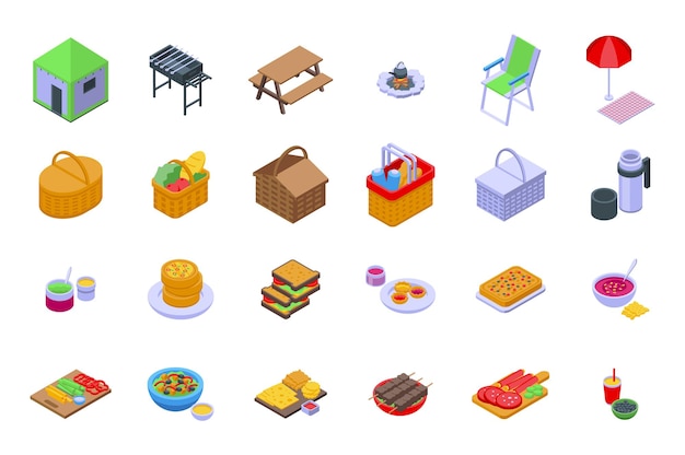 Picnic food icons set isometric vector. Plates basket. Bread bag