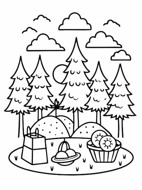 Picnic in the Forest colouring book pages for children and adults with vector design