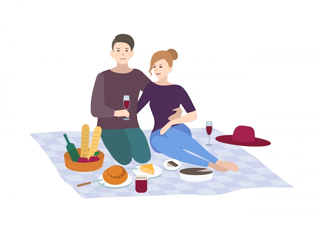 Picnic,   illustration. Couple together outdoor relax. peop