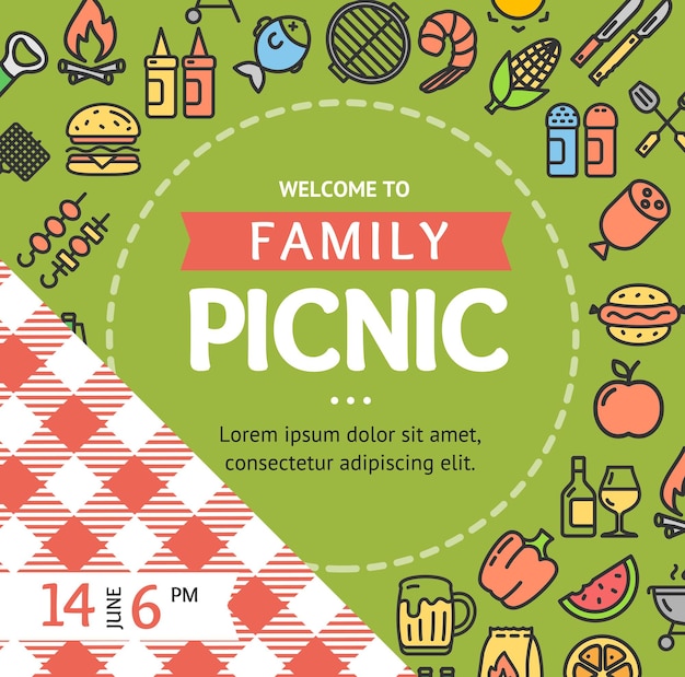 Picnic Invitation Placard Banner Card with Thin Line Icon Vector