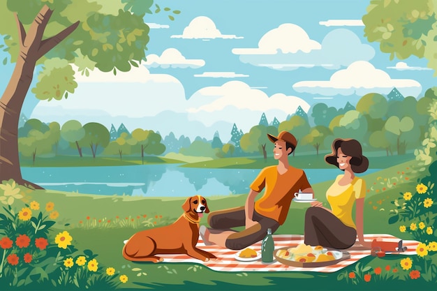 Vector picnic scene with woman man and dog