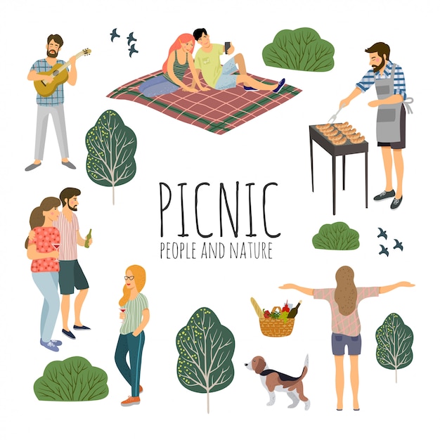 Picnic. Set of active people weekend with a barbecue