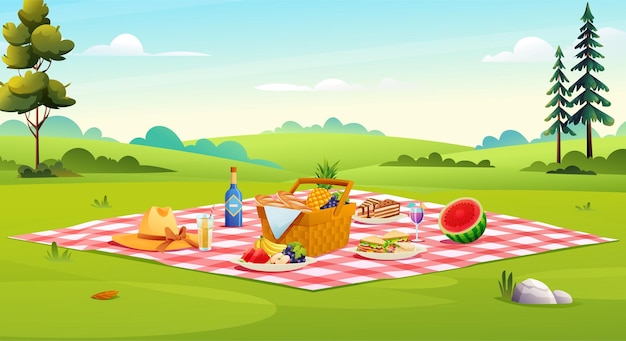 Picnic setup composed of basket with food, fruits, sandwiches, cupcakes vector illustration