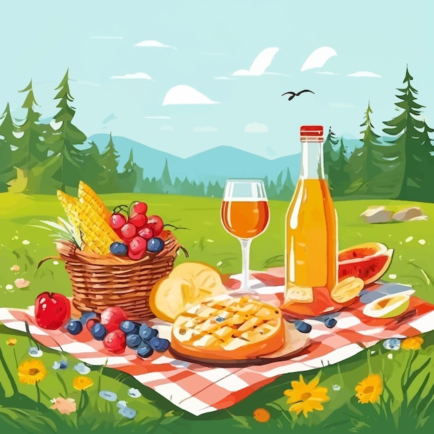 Vector a picnic with a basket of food and a bottle of wine