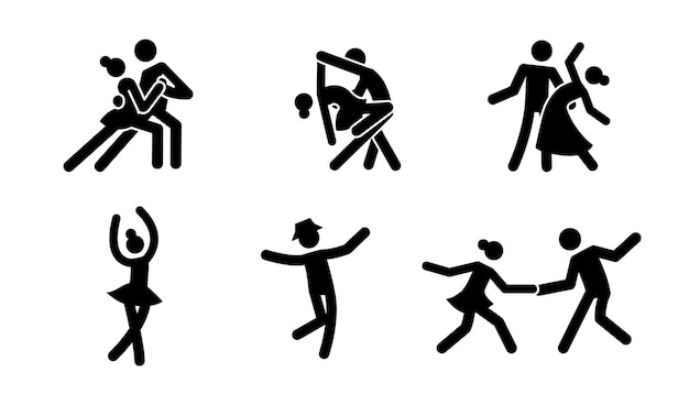 Pictogram dancer stick figure icon set Black pictogram party dancing people tango couple ballet woman