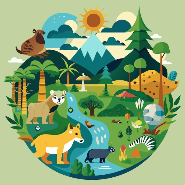 Vector a picture of animals and trees and mountains