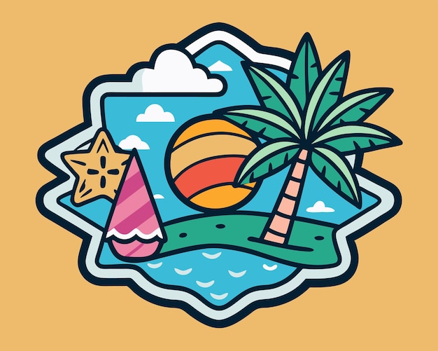 Vector a picture of a beach scene with a beach scene and a palm tree