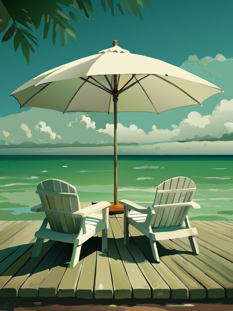 Vector a picture of a beach scene with chairs and an umbrella