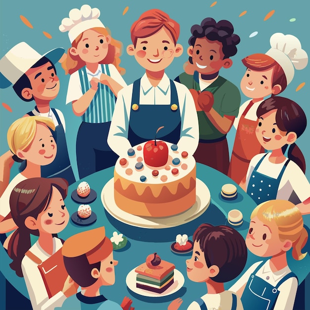 a picture of a birthday party with a cake with a person in the middle