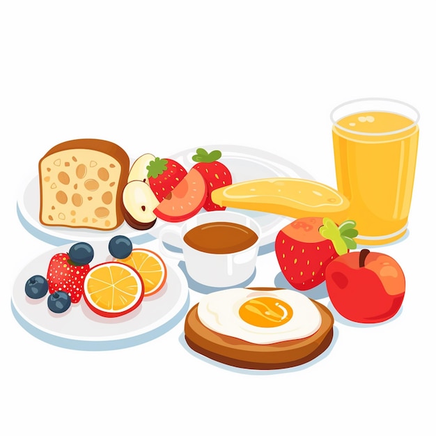 Vector a picture of a breakfast with fruit and a glass of orange juice