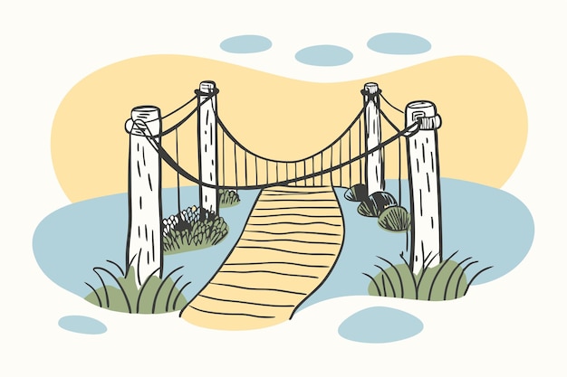 a picture of a bridge with a bridge and grass