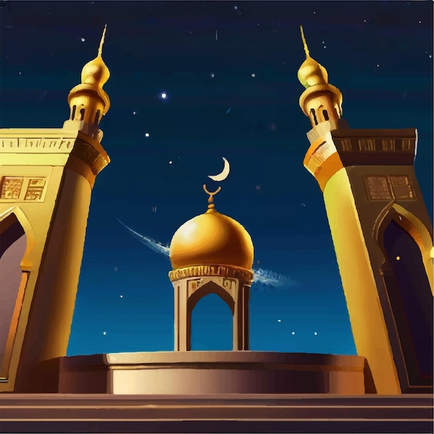 a picture of a building with a moon and a mosque in the background