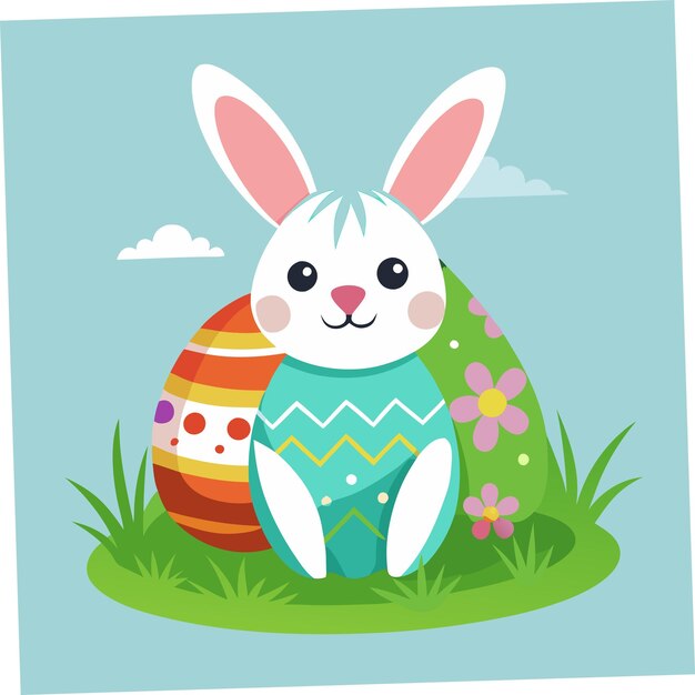 Vector a picture of a bunny with easter eggs in the grass