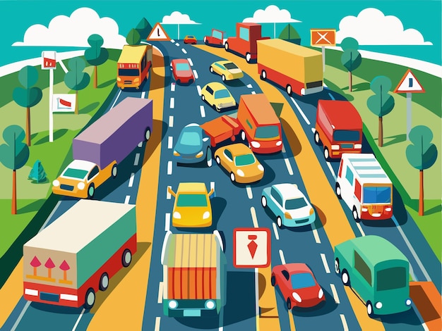 Vector a picture of a busy road with cars and trucks