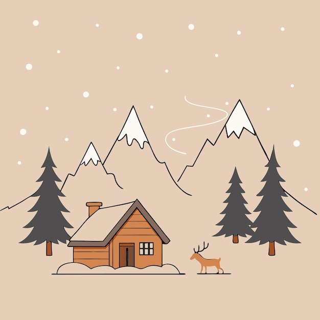 Vector a picture of a cabin with a deer in the snow