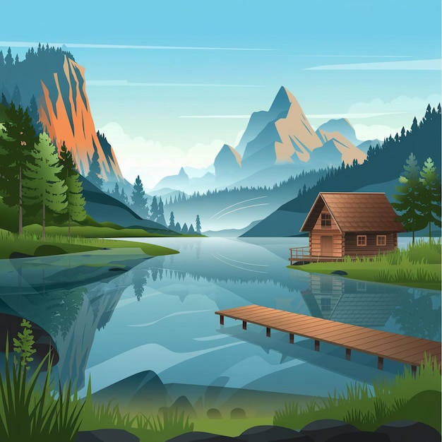 a picture of a cabin with a mountain in the background