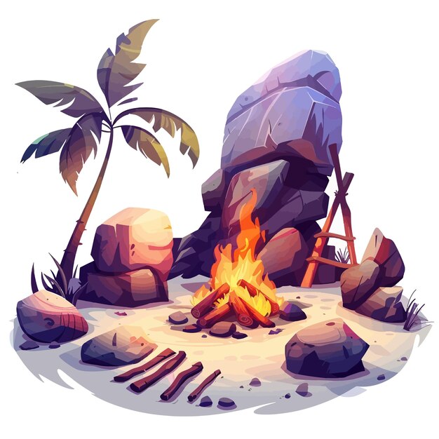 Vector a picture of a campfire with a palm tree on the top