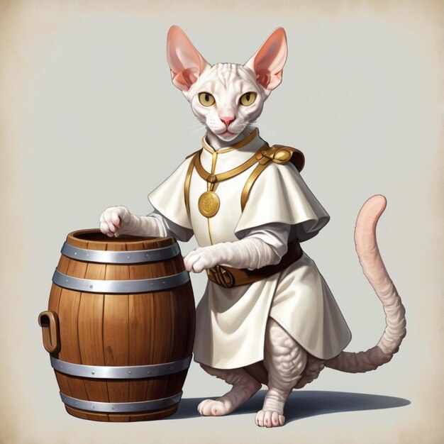 Vector a picture of a cat with a gold necklace and a wooden barrel with a cat on it