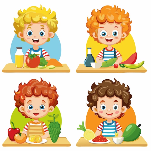 Vector a picture of a child with curly hair and a variety of vegetables