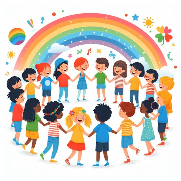 a picture of children holding hands with the rainbow in the background