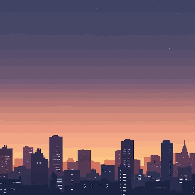 a picture of a city skyline with a pink sunset