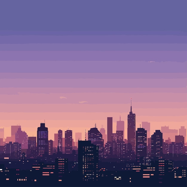 a picture of a city skyline with a purple sky and a city in the background