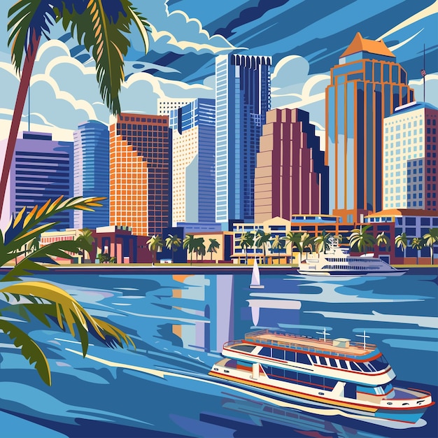 Vector a picture of a city with a boat and a palm tree