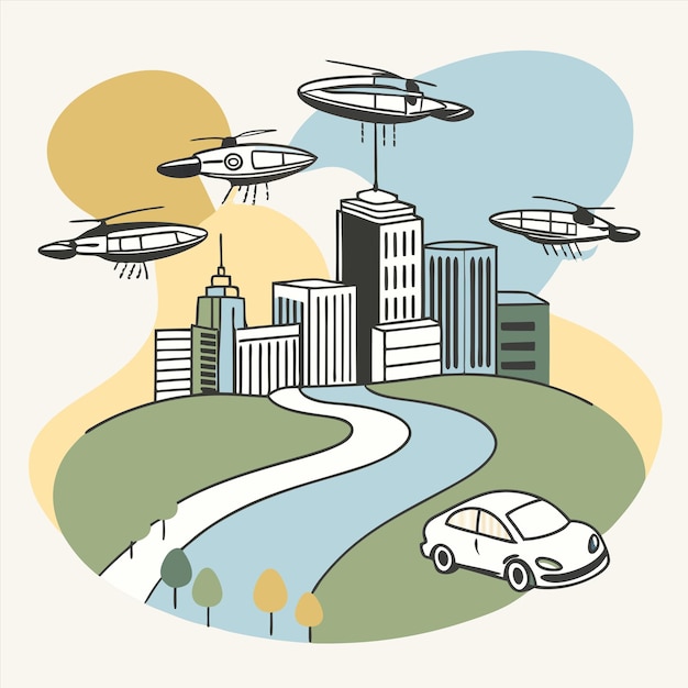 a picture of a city with flying drones and a car with a picture of a car in the middle