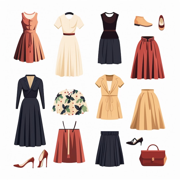 Vector a picture of a collection of different dresses including dresses shoes and bags