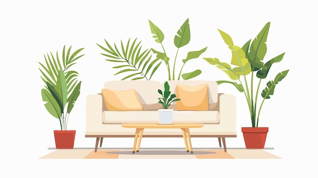 Vector a picture of a couch with plants and a plant on the wall