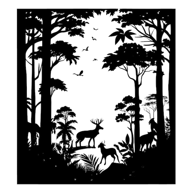 a picture of a deer in the forest with trees in the background