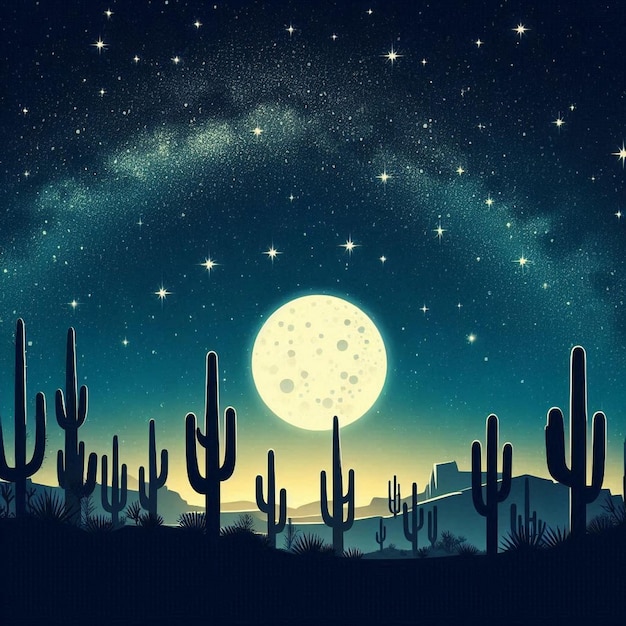 Vector a picture of a desert with a full moon and stars