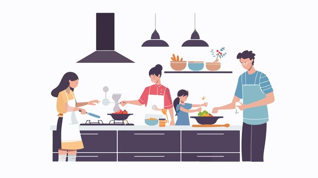 Vector a picture of a family cooking in a kitchen with a man and woman cooking