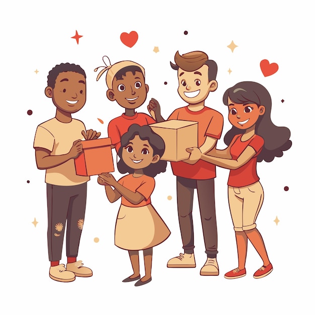 a picture of a family holding a box with hearts and a girl holding a box