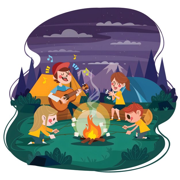 Vector a picture of a family playing music by a fire with a mountain background