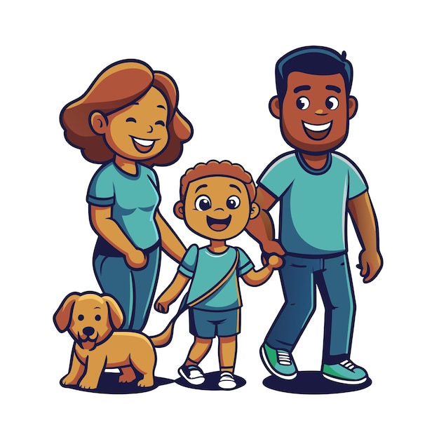 a picture of a family with a dog and a woman holding hands