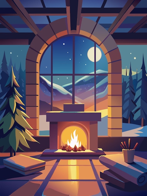 Vector a picture of a fireplace with a full moon in the background