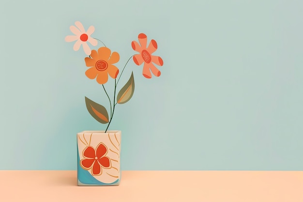 Vector picture of the flower in a square vase in the style of cute cartoonish designs light teal and light