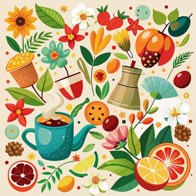 a picture of flowers and fruits with a cup of coffee