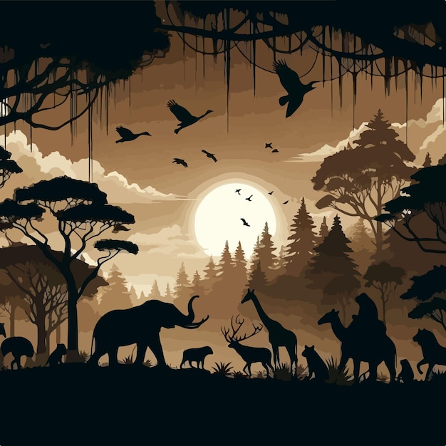 Vector a picture of a forest with animals and the moon in the background