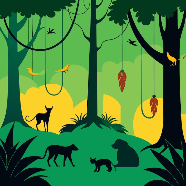 a picture of a forest with animals and trees