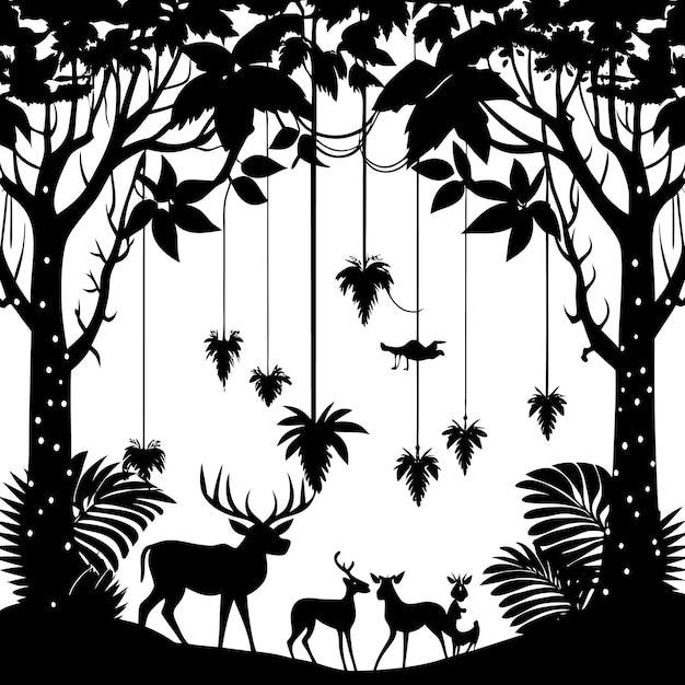 a picture of a forest with animals and trees