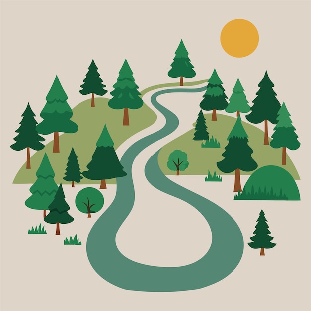 Vector a picture of a forest with a river and a road with trees