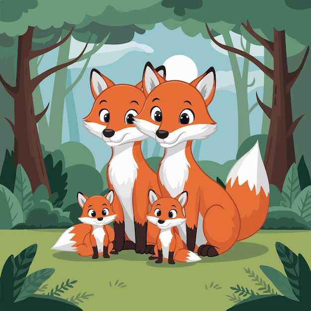 Vector a picture of a fox and her cubs in a forest